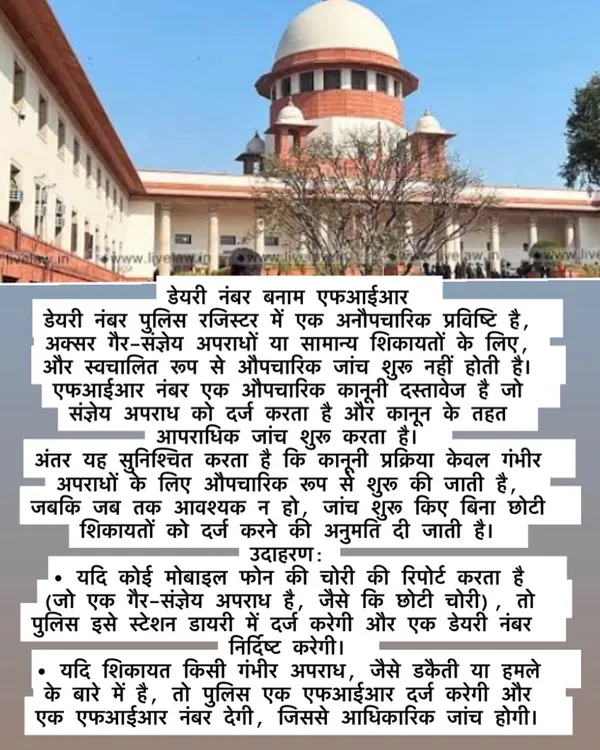 An explanation in Hindi about the difference between a Diary Number and an FIR (First Information Report) at a police station.