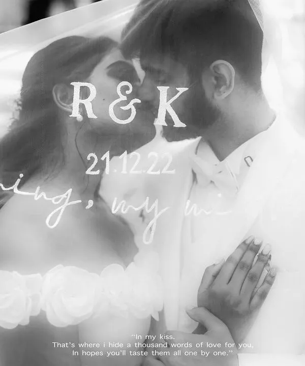 A beautiful veil kiss, a classic and romantic moment from Keith and Rebekah's Christian wedding. The text overlay adds a personal, poetic touch.