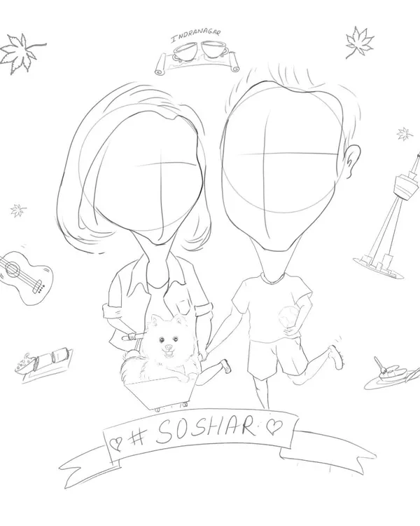 Every great caricature starts with a great sketch. This is the initial line work, mapping out the composition and including all the personal elements like the guitar, travel icons, and the couple's pet before color is added.