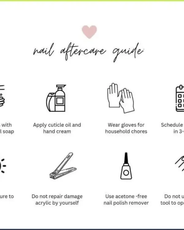 Your aftercare guide. To keep your nails looking beautiful for weeks, I recommend following these simple steps, like applying cuticle oil daily and wearing gloves for chores.