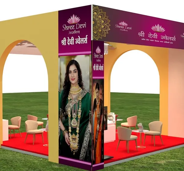 This is the overall 3D view of the exhibition stall concept. The design uses large, welcoming arches and prominent branding on all sides to maximize visibility and create an impressive structure that stands out in a crowded hall.