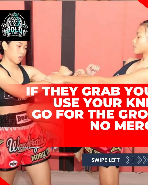 This is about survival, not a sport. If someone grabs you, we teach you to react without hesitation. A knee to the groin is a simple, powerful move that creates the space you need to escape. NO MERCY.