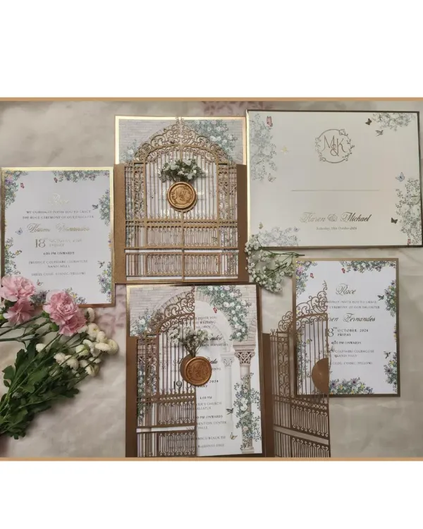 A complete view of our enchanted fairytale wedding suite. This set includes the main laser-cut invitation, an RSVP card, and an envelope with a custom monogram, all tied together with a consistent floral and architectural motif.