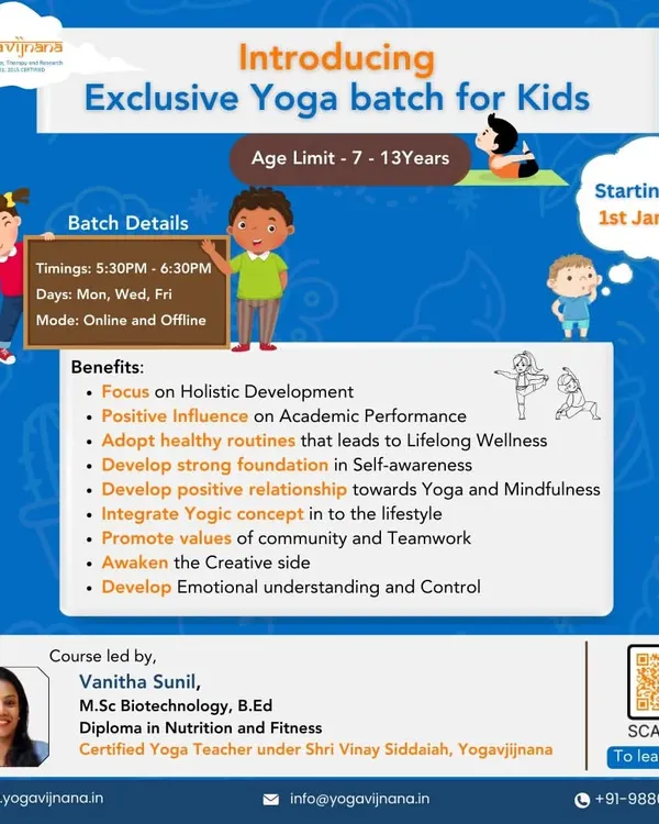 We are excited to offer an exclusive yoga batch for kids aged 7-13. This flyer details the benefits, which include holistic development, improved academic performance, and building a strong foundation in self-awareness and mindfulness.