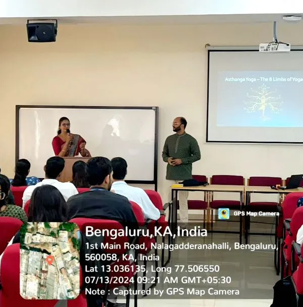 As a resource person for Christ University, we conduct a lecture on the principles of yoga for BCom students. This image shows us explaining the concept of the Anahata (Heart) Chakra, bridging traditional yogic knowledge with modern academic settings to promote holistic student wellness.