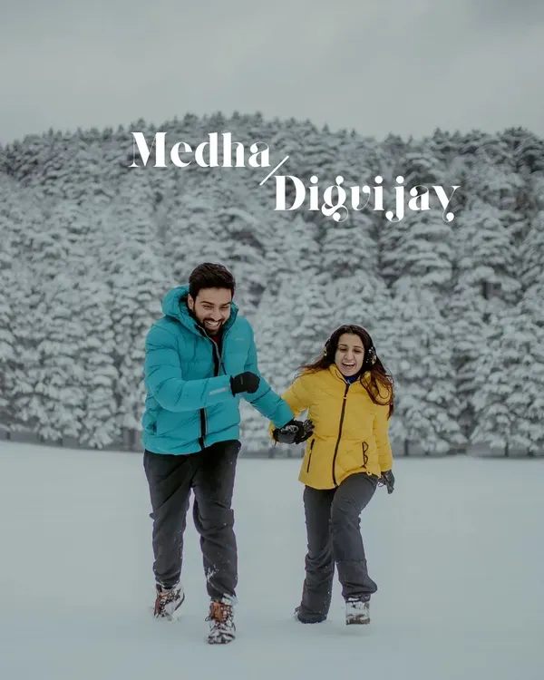 A joyful, unposed moment from a pre-wedding shoot in the snow-covered landscape of Khajjiar, near Dalhousie. This is for couples who aren't afraid to play and be themselves.