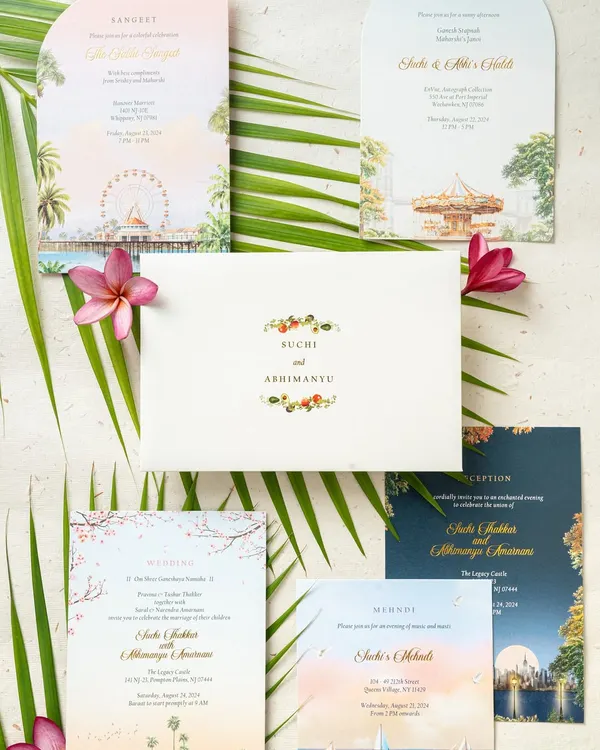 This invitation suite tells the story of a couple from two different US coasts. I created custom illustrations of the Brooklyn Bridge and the Los Angeles skyline to represent their journey, using these artworks across the multi-card invitation set.