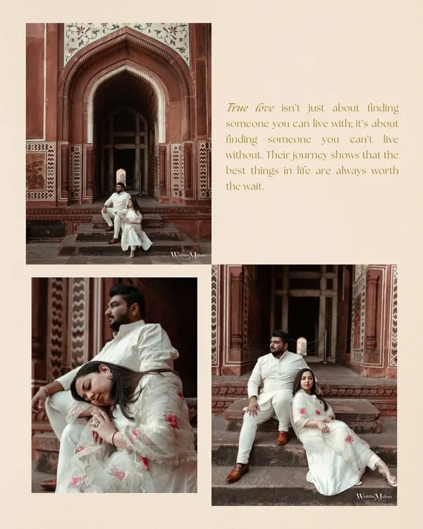 A collage telling a story of timeless love at the Taj Mahal. The text overlay adds a poetic touch to the images of Krishna and Bhavin, dressed in elegant white, at this iconic monument.