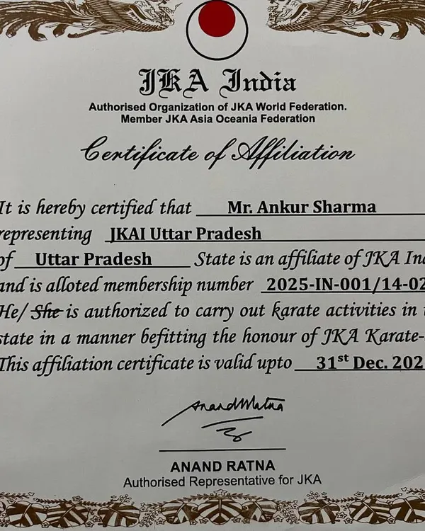 My academy is an authorized organization of the JKA World Federation. This Certificate of Affiliation is your assurance that the training, grading, and certifications you receive here meet the highest international standards of Japan Karate Association karate.