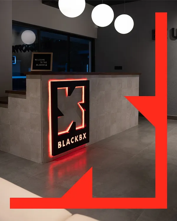 The entrance to BlackBx. Our space is designed to be modern, welcoming, and motivating from the moment you walk in.