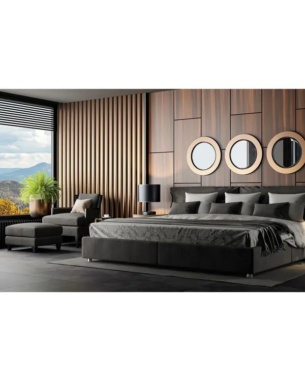 A master bedroom designed for ultimate relaxation, with a view. We used a dark, moody color palette, rich wood paneling, and a comfortable chaise lounge by the window to create a sophisticated and calming retreat.
