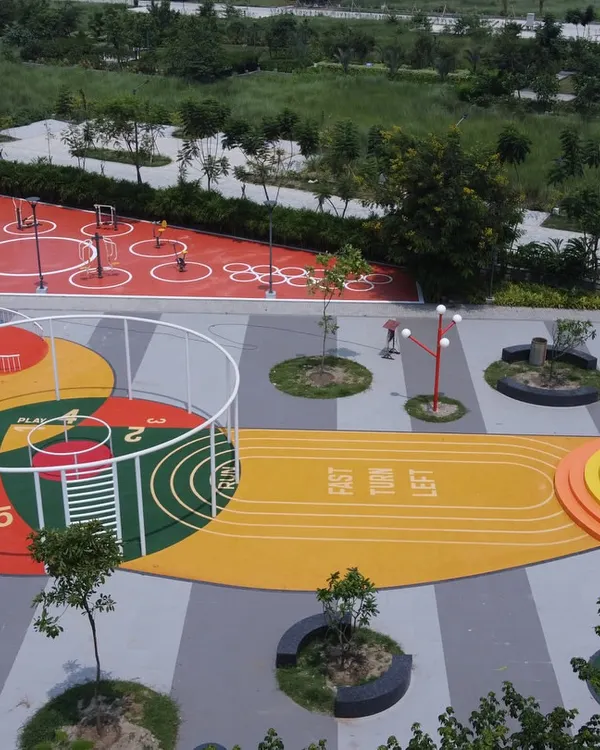 This vibrant community park at the Ambuja Utsodhaara Teesta township is a platform for interaction and shared experiences. We use colorful ground markings and diverse play equipment to create a dynamic and engaging public space.