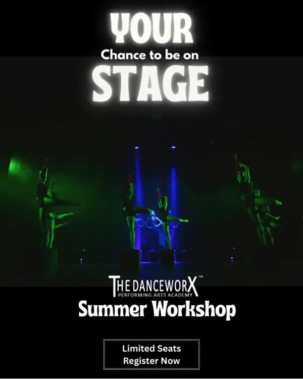 Your chance to be on stage is here with our Summer Workshop. This poster announces an exciting opportunity for students to learn choreography and perform in a grand auditorium show.