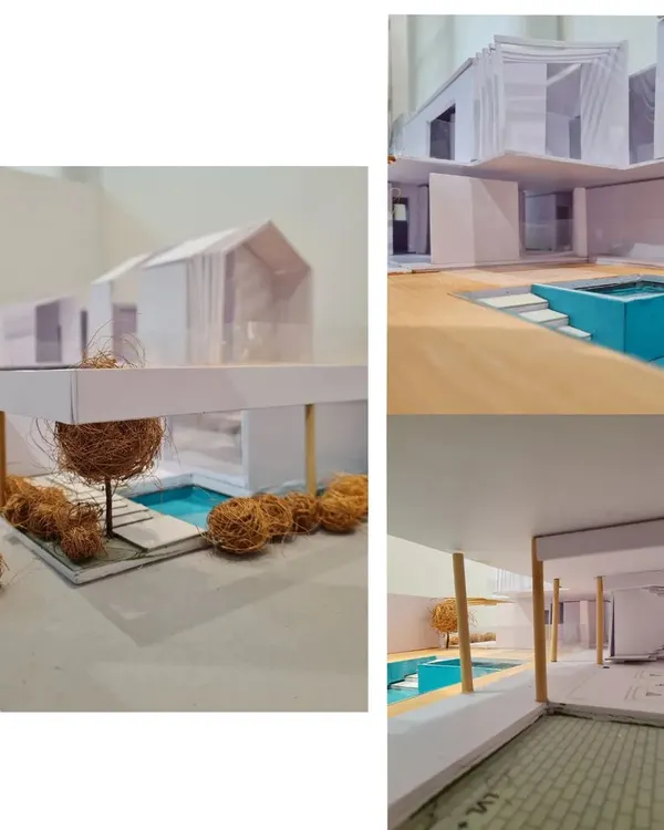A physical model of our Kanakapura Farmhouse project. Models like this are crucial for understanding the relationship between spaces, such as how the A-line roof with its skylight will illuminate the interior and how the pool integrates with the living areas.