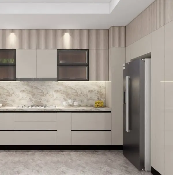 This is a 3D render of a straight-line modular kitchen, showcasing a clean and balanced design. The combination of light wood grain and solid beige cabinets, paired with a marble backsplash, creates a warm yet modern aesthetic.