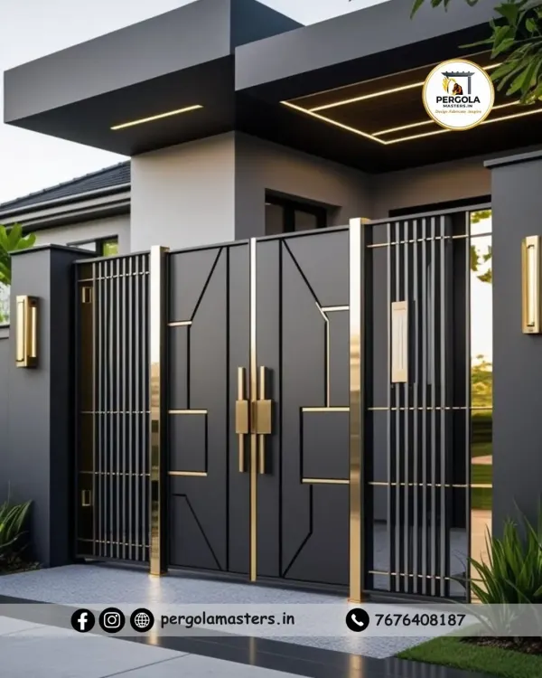 An exceptionally luxurious entrance gate featuring a bold geometric design with striking gold-finished accents. This gate is a masterpiece of modern design, created to complement high-end architectural homes and make an unforgettable statement.