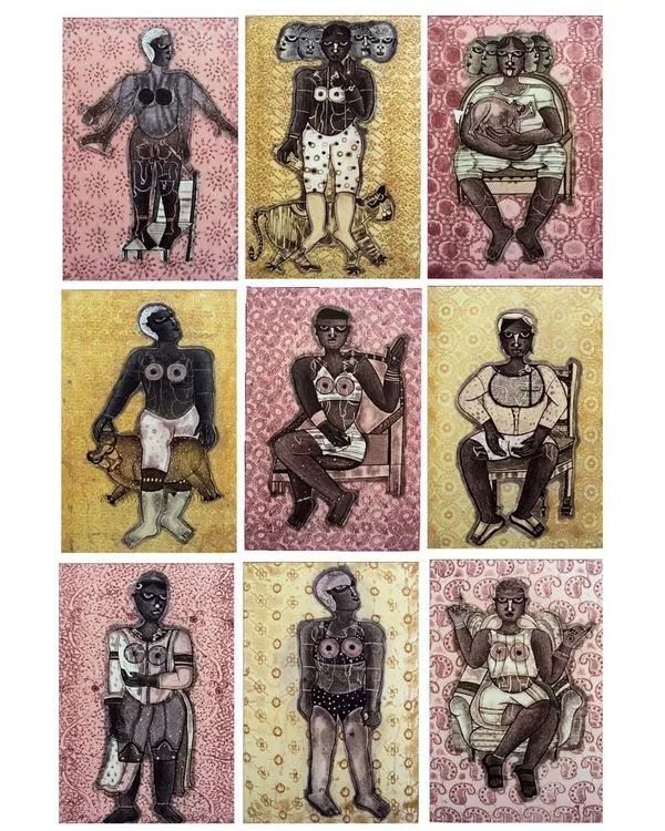 This collage of etchings by Sonal Varshneya explores the concept of the intrinsic feminine energy within every person. Each figure is unique, yet together they form a powerful statement on identity and self.