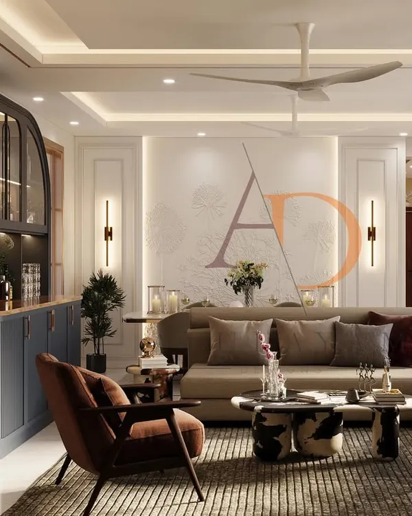 A wide view of a living room featuring a custom arched bar unit as a key design element. The space is tied together with a comfortable sectional sofa, a mid-century modern armchair, and elegant wall paneling.