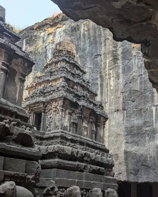 The magnificent Kailasa temple at Ellora Caves, a monolithic structure carved from a single rock. The scale and detail of this UNESCO World Heritage site are a profound source of artistic inspiration.