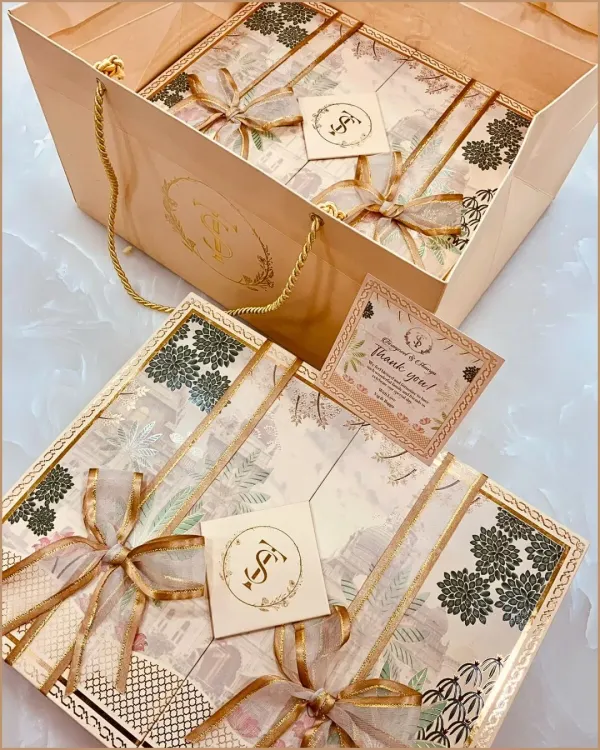A complete wedding gifting suite, featuring a monogrammed gift box with a delicate ribbon, a matching carry bag, and a personalized thank you card. This coordinated set ensures every detail of your wedding gifting is elegant and cohesive.