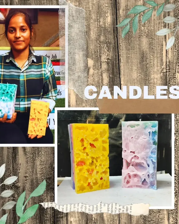 A student showcasing her unique "ice candles." In our candle-making workshops, we explore various creative techniques to make one-of-a-kind decorative pieces.