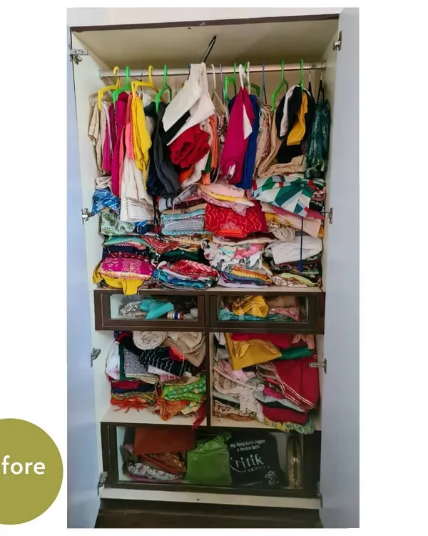 This is a familiar sight for many, a wardrobe packed with clothes but nothing to wear. This is the 'before' photo from a project that we transformed into a functional and breathable space.