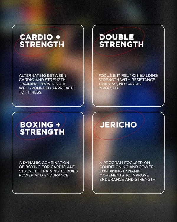 We offer a wide range of programs. Choose from Cardio + Strength, Double Strength, Boxing + Strength, or our specialized Jericho class to match your fitness goals.