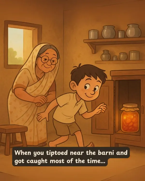 Remember tiptoeing near the barni (pickle jar) and getting caught by dadi most of the time? Even her scolding felt sweet back then. This illustration captures that mischievous, priceless memory.