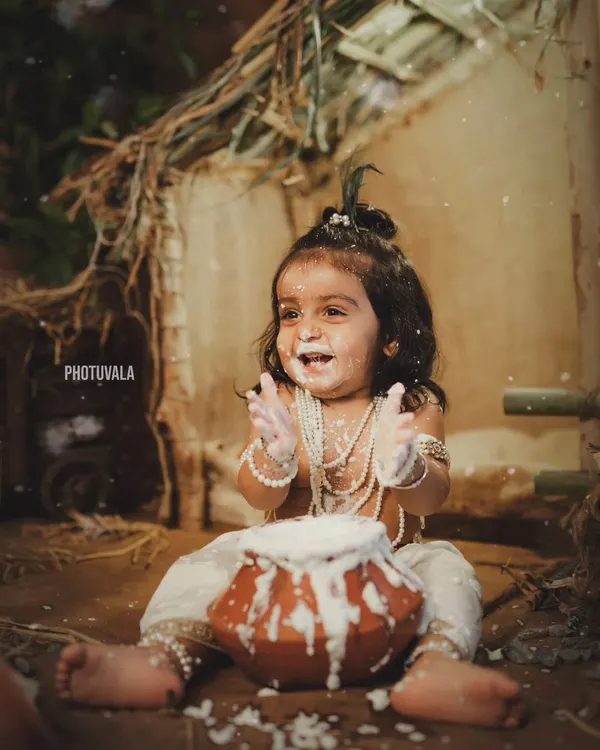 The joy of being little Krishna! This messy, happy shot from our Janmashtami mini-session captures the playful spirit of the festival perfectly.