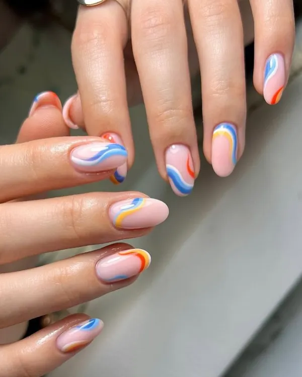 This abstract design features colorful waves of blue, yellow, and orange on a natural base. It's a playful and artistic style perfect for adding a pop of color.