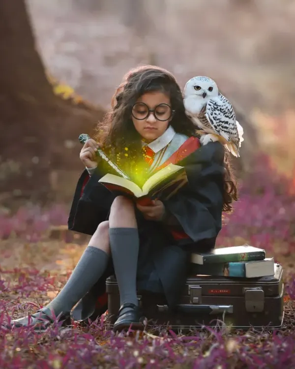 Expecto Patronum! We brought the magic of Hogwarts to life in this enchanting outdoor shoot, complete with a glowing spellbook and a wise owl.