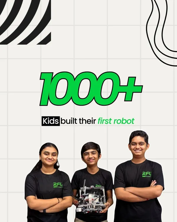 A look back at our year. This graphic celebrates the milestone of over 1000 kids building their first robot with us and our teams winning 5+ international awards.