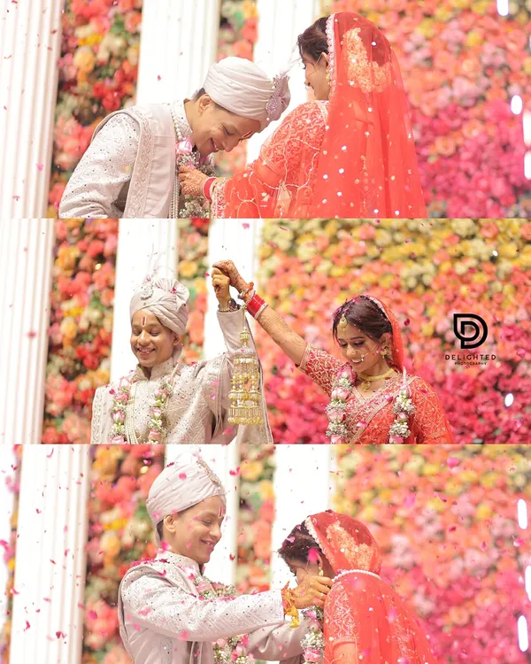 This photo collage captures the key moments of a Jai Mala ceremony, from the playful exchange to the shower of flower petals, telling a complete story of this beautiful ritual.