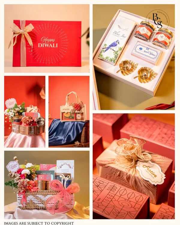 A collage showcasing the variety of our Diwali gifting solutions. You can see our elegant red 'Happy Diwali' boxes, curated gift sets with treats and decor, and beautifully arranged baskets, each telling a unique festive story.