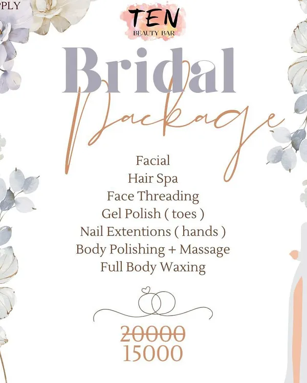 This is our complete bridal glow-up package, offered at a special price. It includes a facial, hair spa, face threading, gel polish for toes, nail extensions for hands, body polishing with a massage, and full body waxing.