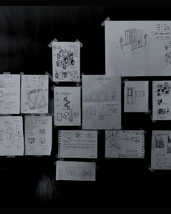 The beginning of an idea. These are some of our initial concept sketches and diagrams for the 'Pass-Oh!-Light' installation, exploring forms, light, and human interaction.