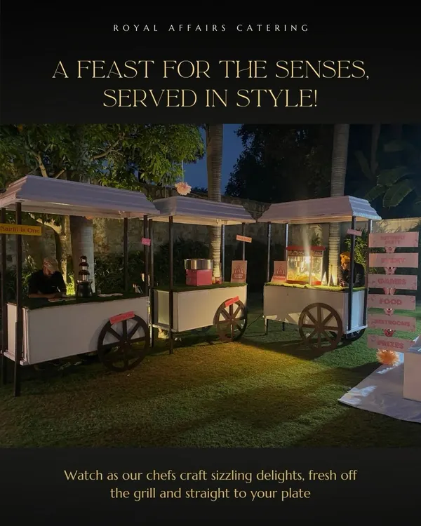 My live cooking stations are a feast for the senses. These elegant white food carts, including a popcorn machine, are perfect for outdoor events, allowing my chefs to craft sizzling delights fresh for your guests.