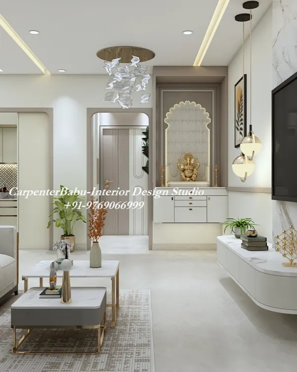 A beautiful puja unit integrated into the living room, featuring an arched niche for the idol and drawers for storage. The design is elegant and unobtrusive.
