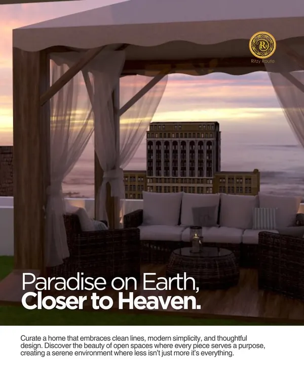 Paradise on Earth, closer to heaven. This rooftop terrace is designed as a luxurious escape, with a canopy, comfortable seating, and a stunning view, embracing modern simplicity where less is everything.