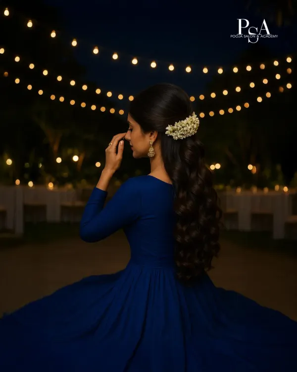 This elegant, soft-curl ponytail with a fresh gajra is perfect for a sangeet or reception, designed to look beautiful from every angle. It's my signature event-ready look.