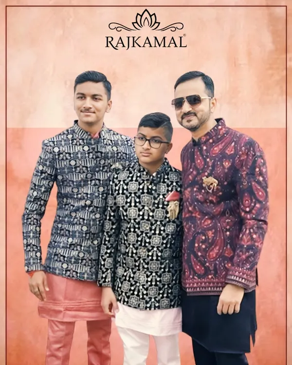 It brings me immense joy to see my clients celebrate their special moments in my creations. Here is a happy client family, with the groomsmen and family members styled in a coordinated selection of my Indo-Western jackets and kurtas.