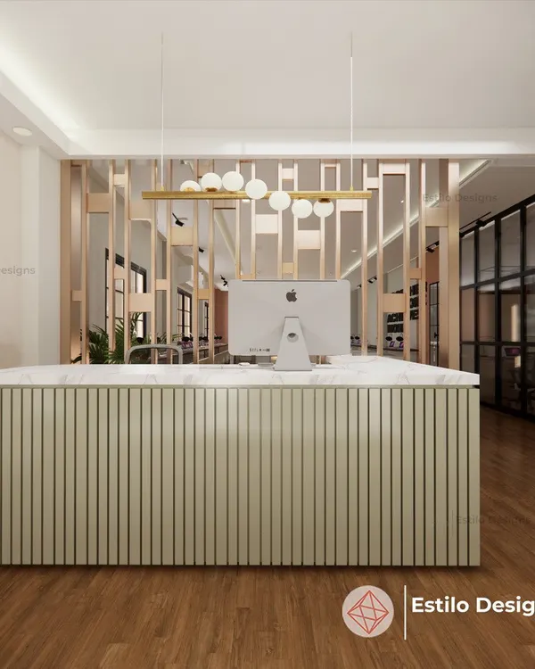 This 3D render shows a reception area designed for a contemporary office. We focused on creating a welcoming first impression using clean lines, natural textures, and statement lighting.