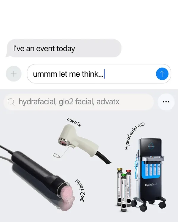 Have an event today and need an instant glow? My go-to solutions are the HydraFacial, Glo2 Facial, or a gentle ADVATx laser session. Each provides immediate radiance with no downtime.