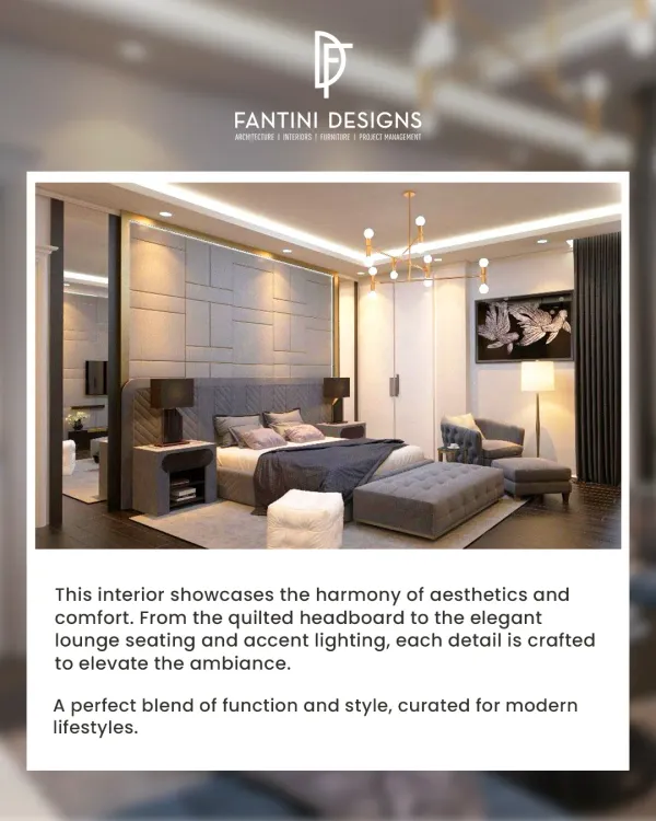 This luxurious bedroom features a quilted fabric headboard, elegant lounge seating, and warm accent lighting to create a perfect blend of function and style.