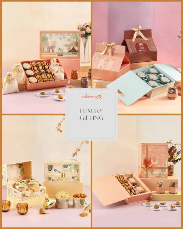 A collage showcasing the breadth of our luxury Diwali gifting options. We design hampers in various styles and sizes, from elegant baskets to multi-tiered boxes, ensuring a perfect fit for every taste and budget.