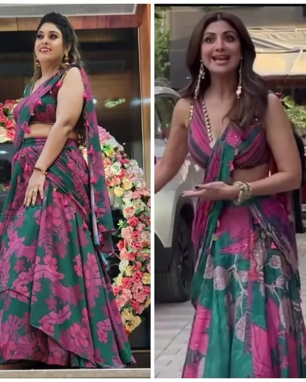A side-by-side comparison of our recreation of Shilpa Shetty's stunning floral lehenga-saree. My client looks just as glamorous.