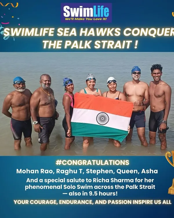 The full team of SwimLife Sea Hawks who conquered the Palk Strait. We're incredibly proud of our member Asha (third from left) for being part of this phenomenal relay swim.