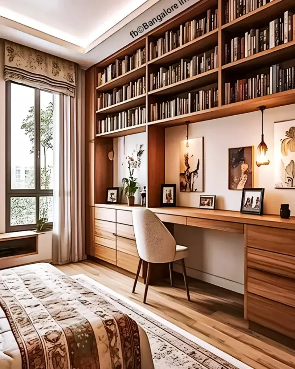 Here, I integrated a spacious work desk and a floor-to-ceiling library into a master bedroom. This custom solution provides extensive storage and a dedicated workspace without compromising the room's relaxing feel, using warm wood to unify the elements.