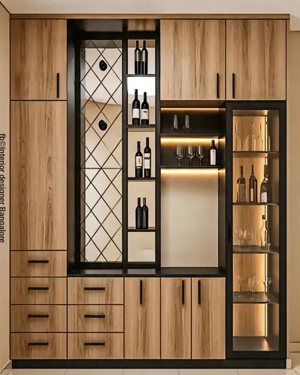 A sophisticated crockery and bar unit in a natural wood finish with black accents. This design features a mix of glass-front cabinets, a wine rack, and numerous drawers for versatile storage.