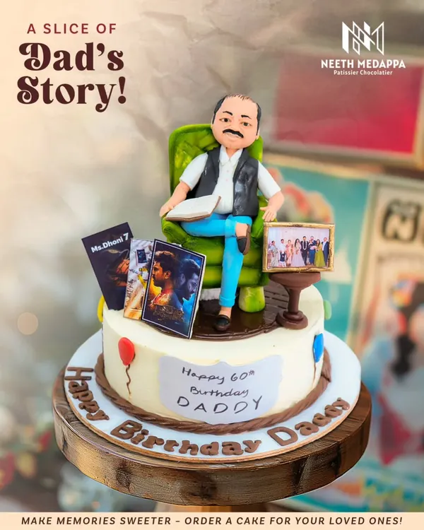 A slice of Dad's story! This cake for a 60th birthday captures his favorite things: relaxing in his chair, watching movies, and treasured family photos.